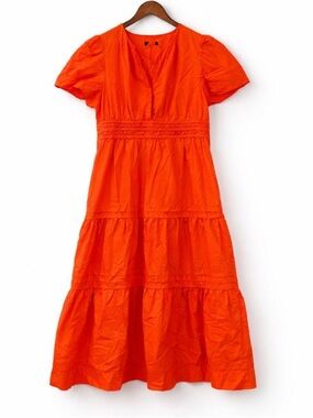 Quince Organic Cotton Poplin Vermillion Orange Tiered Maxi Dress XL Summer